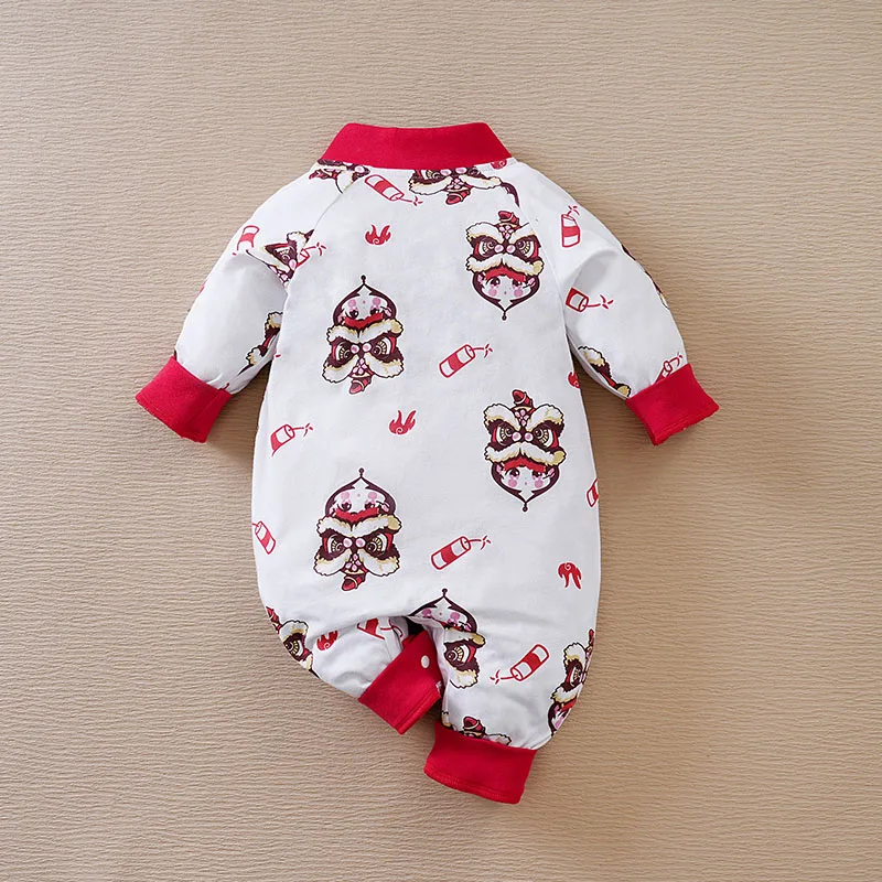 Baby New Year Jumpsuit With Chinese Style Lion Elements Newborn Pure Cotton Long Sleeved Clothes Spring And Autumn Clothes