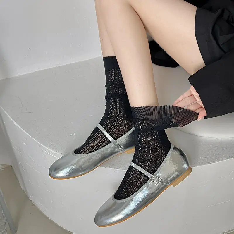 Solid Color Black White Socks Lolita Kawaii Cute Mesh Fishnet Lace Socks Women Summer Thin Breathable Nylon Long Socks Stockings