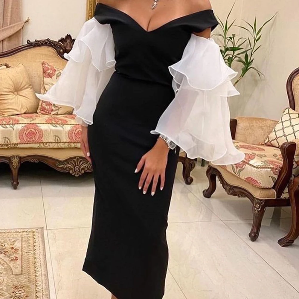 

Flechazo Tea-Length Evening Dress V-Neck Off the Shoulder Women Tiered Flare Sleeves Short Gowns for Wedding Party Guest