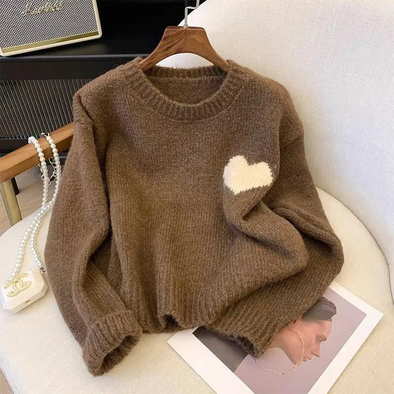 Pull en tricot pour femme, japonais, paresseux, rétro, cœur brodé, automne hiver, nouveau, doux, ample, rond
