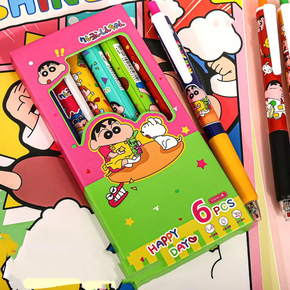 6PCS Crayon Shin-chan Black Carbon Pen Cartoon Pressing 0.5mm Carbon Pen Neutral Pen Writing Smoothly Durable Pens Stationery