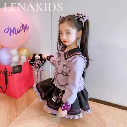 Kawaii Anime Sanrios Kids Kuromi Jk Outfit Fashion Jacket Long Sleeve Tops Pleated Skirt Cute Princess Dress Preppy Girl Clothes