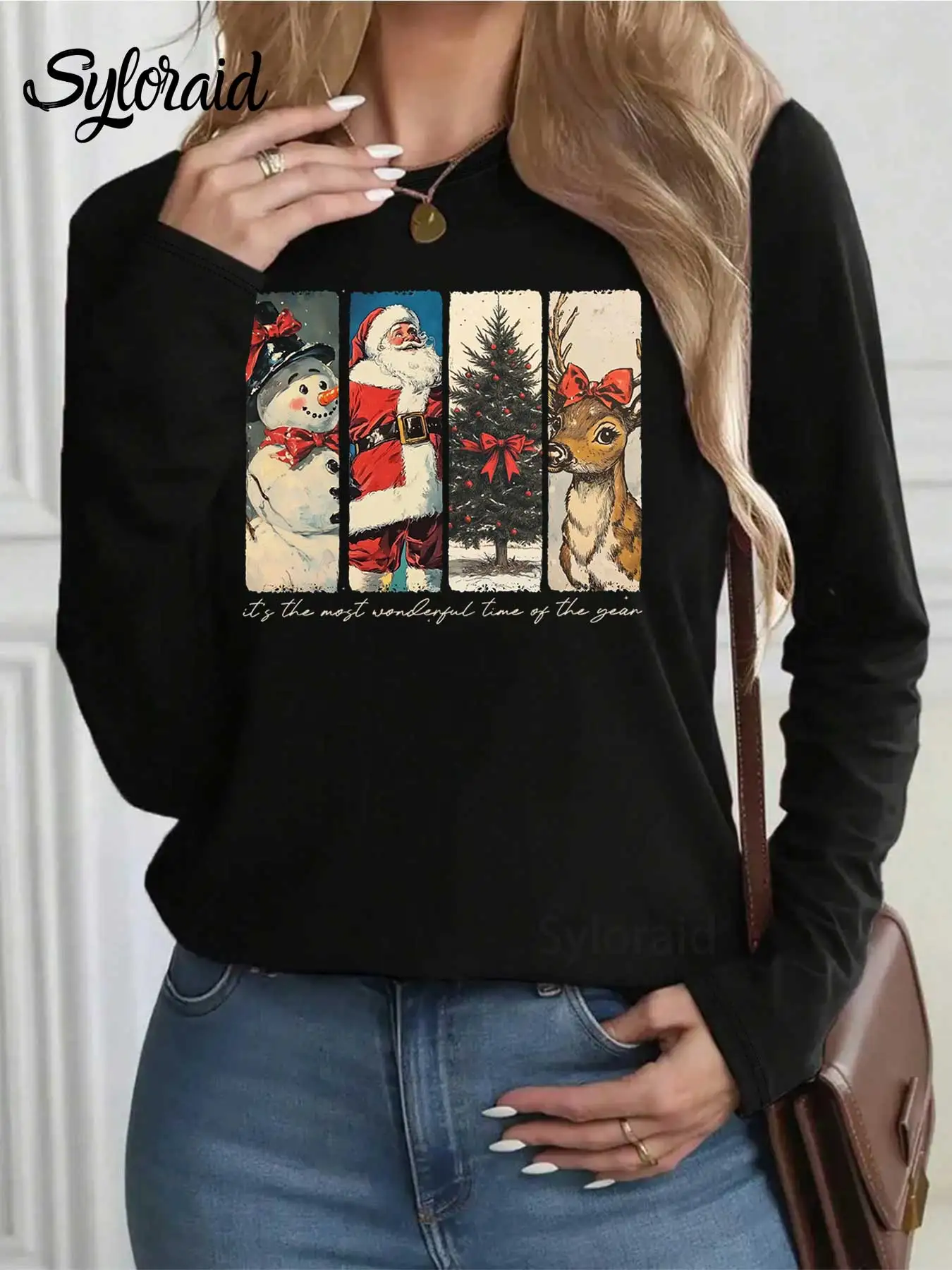 تي شيرت نسائي بأكمام طويلة، إنه وقت رائع لعام عيد الميلاد سانتا تي شيرت عصري برقبة دائرية كاجوال