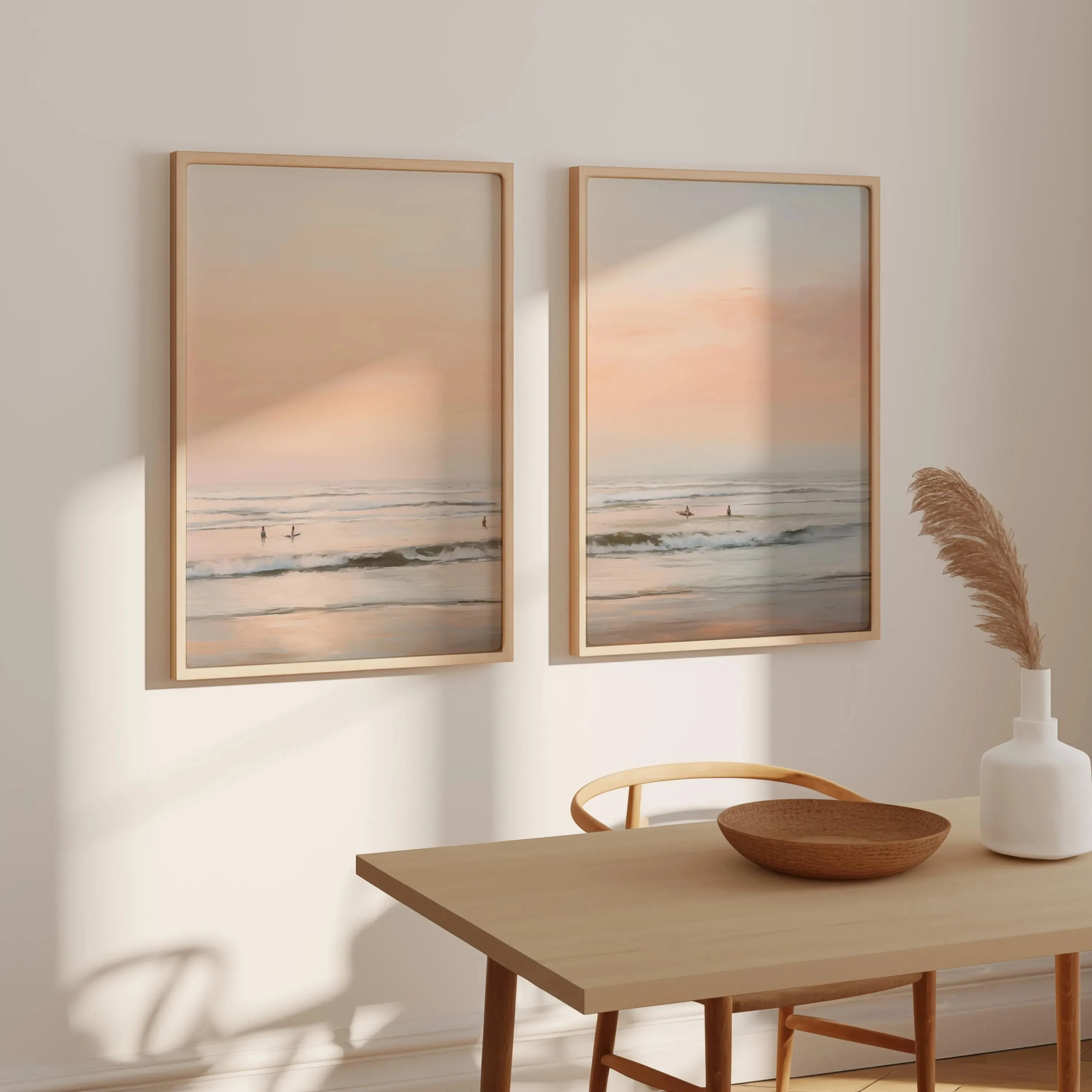 2er-Set Retro Sonnenuntergang Surfer Leinwanddruck Pastellfarbene Strandkunst Ozean Surf Wandkunst Poster für moderne Küsten-Sommer-Heimdekoration