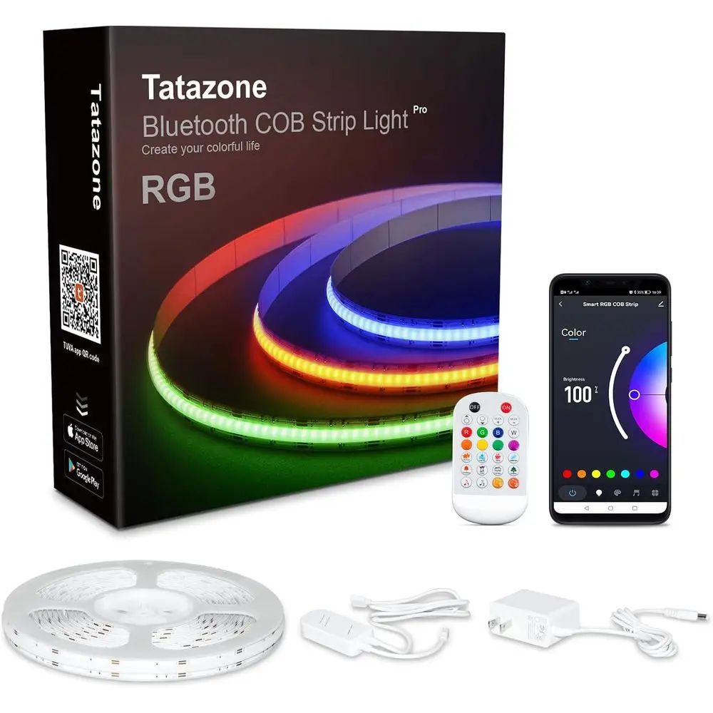 

Светодиодная лента COB RGB 32,8 м с Bluetooth, пультом ДУ, диммируемая, умное управление через приложение, синхронизация с музыкой, изменение цвета, для использования в помещении