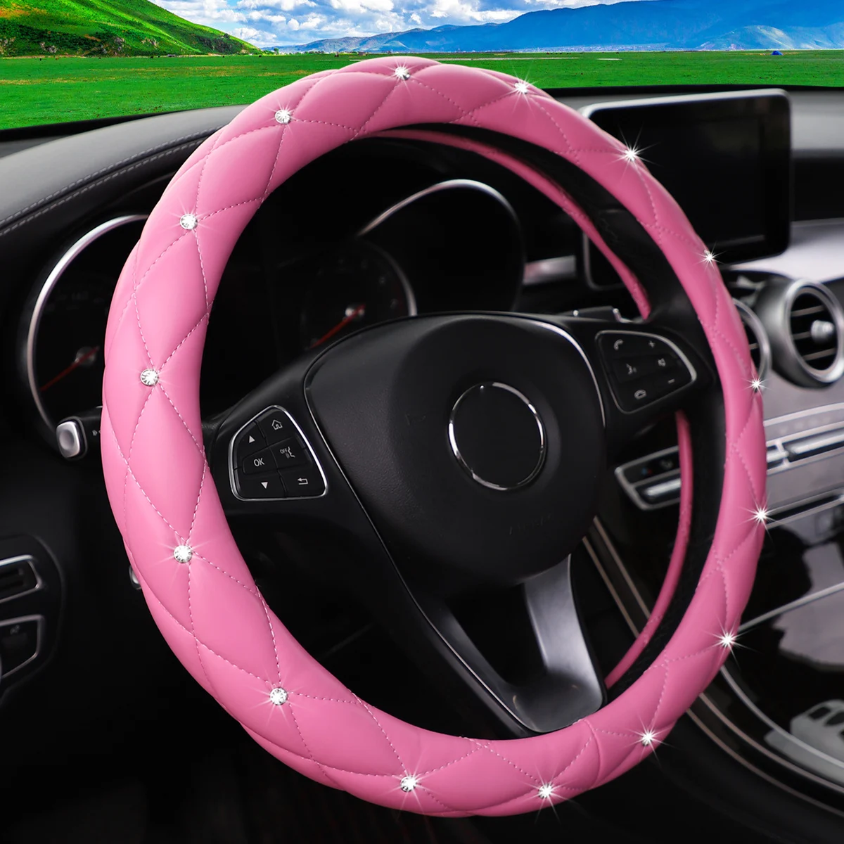 Mit Diamanten besetzte Stereo-Lenkradabdeckung aus weichem Leder mit Innenring, passend für 14,5–15 Zoll – Detail 2