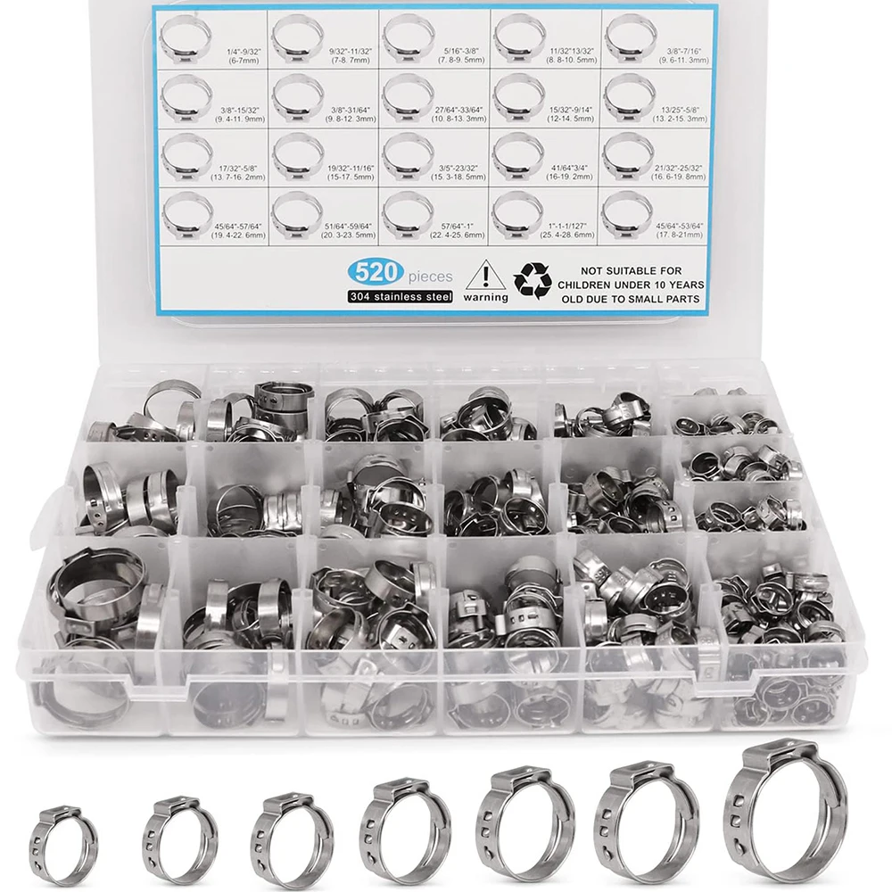 

20 Sizes 1/4-1 Inch Stainless Steel Single Ear Stepless Hose Clamps Assortment Kit for Water Pipe, Plumbing and Automotive Use