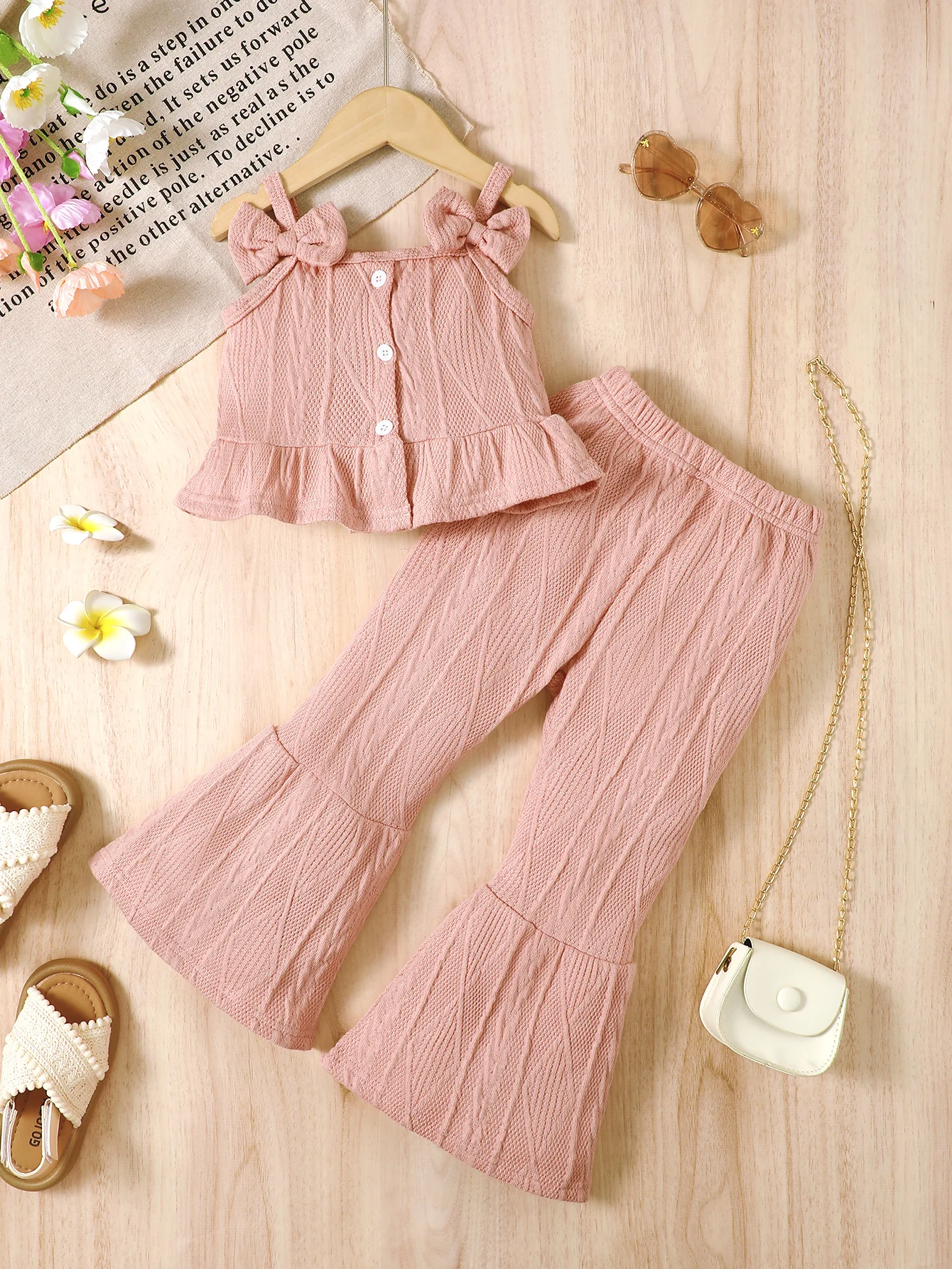 2-Piece Set, Fashionable and Versatile Sleeveless Halter Top with Bow and Button Closure for Toddler Girls + Solid Color Flared Long Pants, Elegant Spring/Summer Two-Piece Set for Girls
