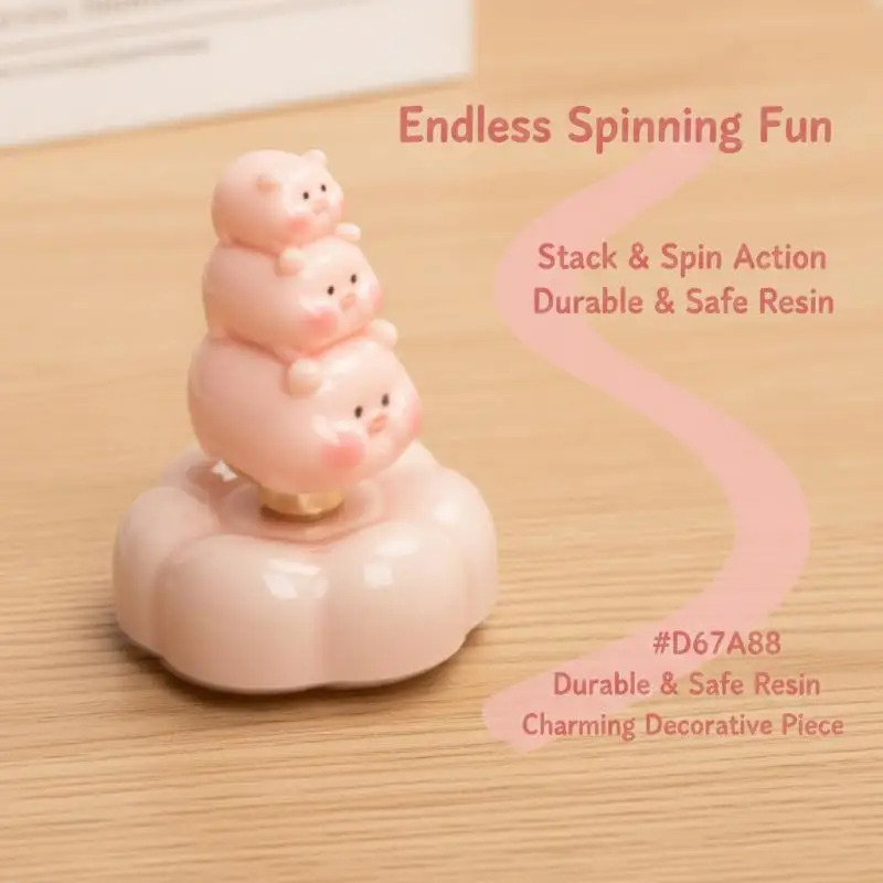 [J] Creative Resin Pink Pig Figurine Stackable Pig Rotating Pig With Bearing Flower Base Desktop Ornament