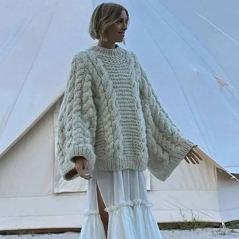 

Casual Crochet Full Sleeve Sweater Round Neck Solid Oversize Knitwear Tops For Women 2025 Autumn Winter Street Outwear