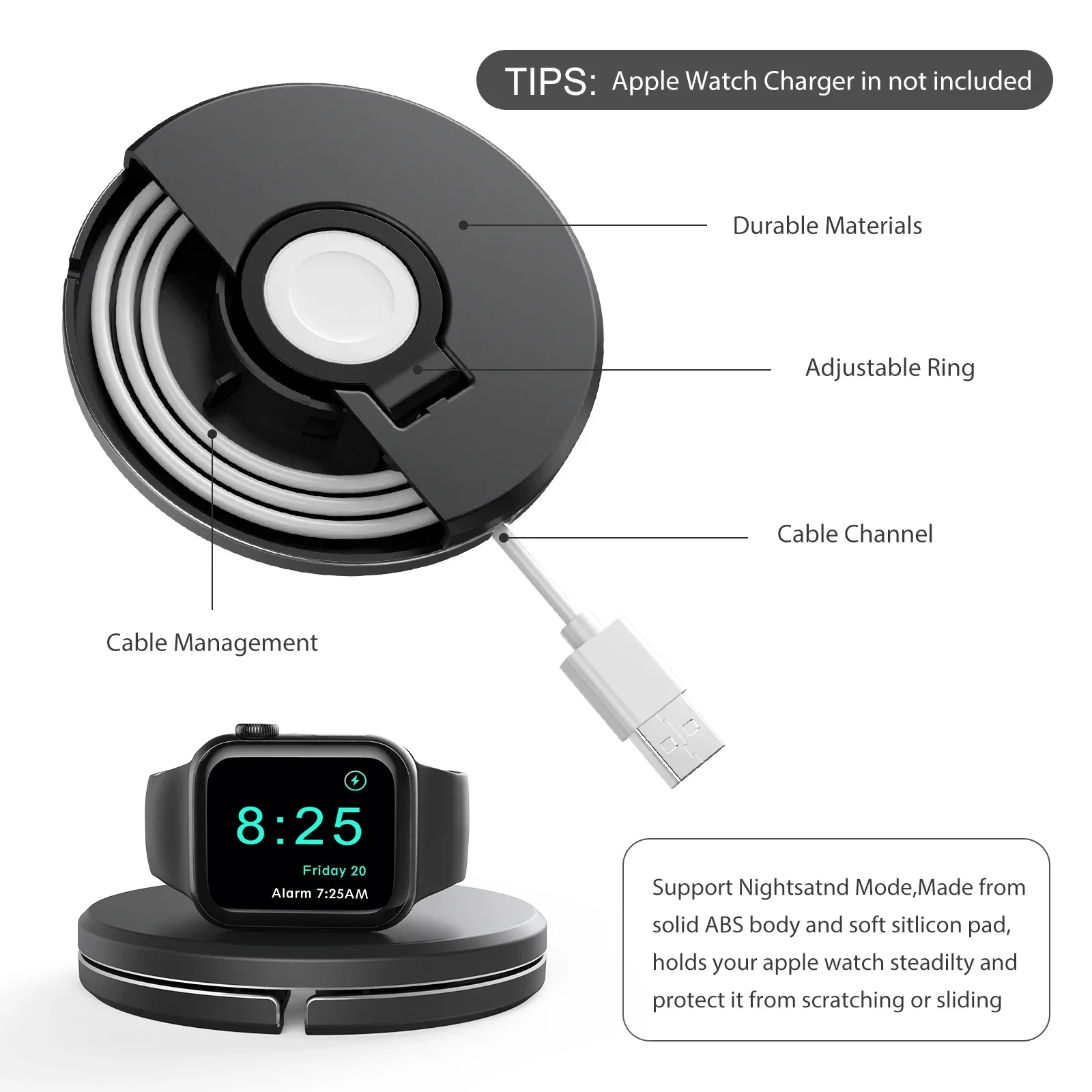Charging Cable Holder Charging Stand for Apple Watch 9/8/7/6/5/4/3/2/1, Ultra 2, and SE 3 — Built-in Cable Storage - Image 2
