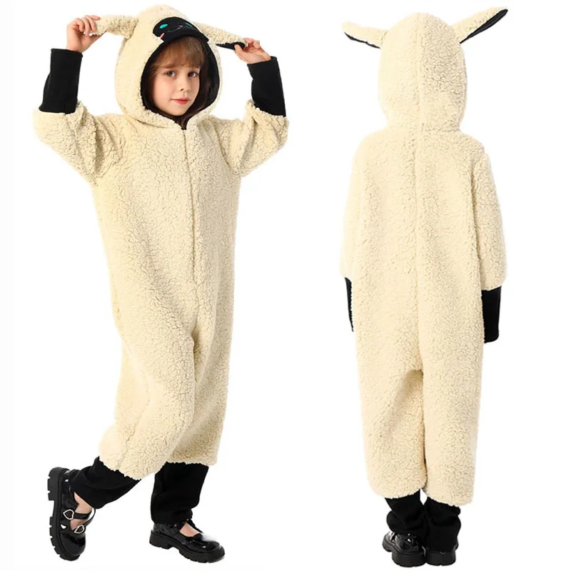 Children's Lambswool Jumpsuits Kids Winter Warm Hooded Overalls Toddler Performance Costume Boys Girls Party Outfits