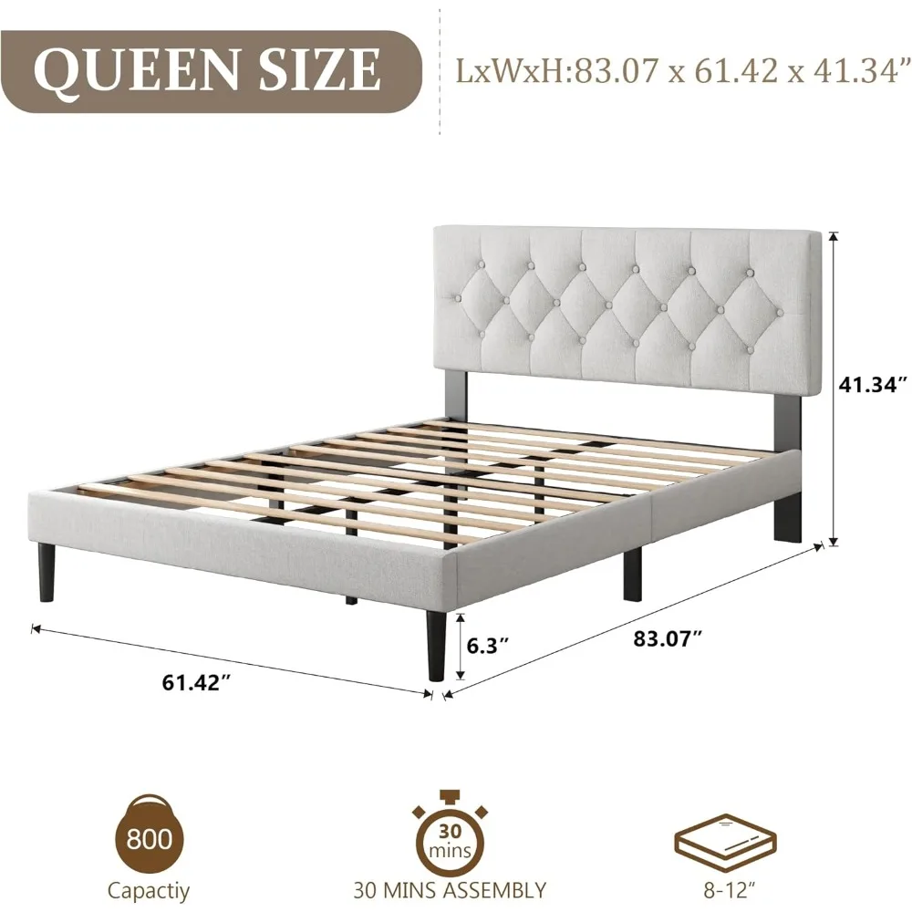 

Queen Size Platform Bed Frame with Upholstered Headboard, Button Tufted Design, Strong Wooden Slats, No Box Spring Needed, Easy