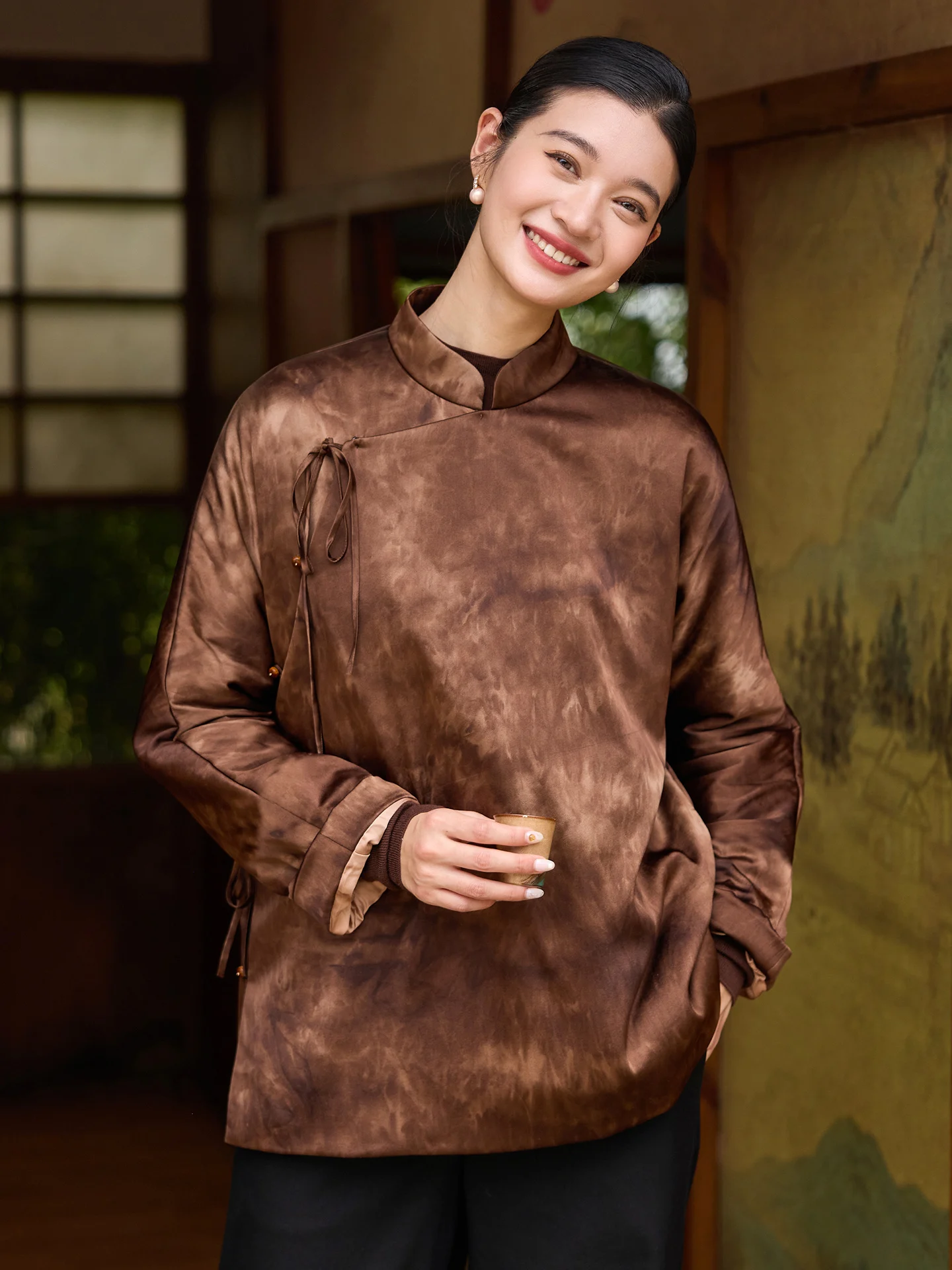 

Philosophy Tang Women's Cotton Jaet Winter Elastic Satin Slant Lapel Rvated Tang Costume Women's Outerwear Top