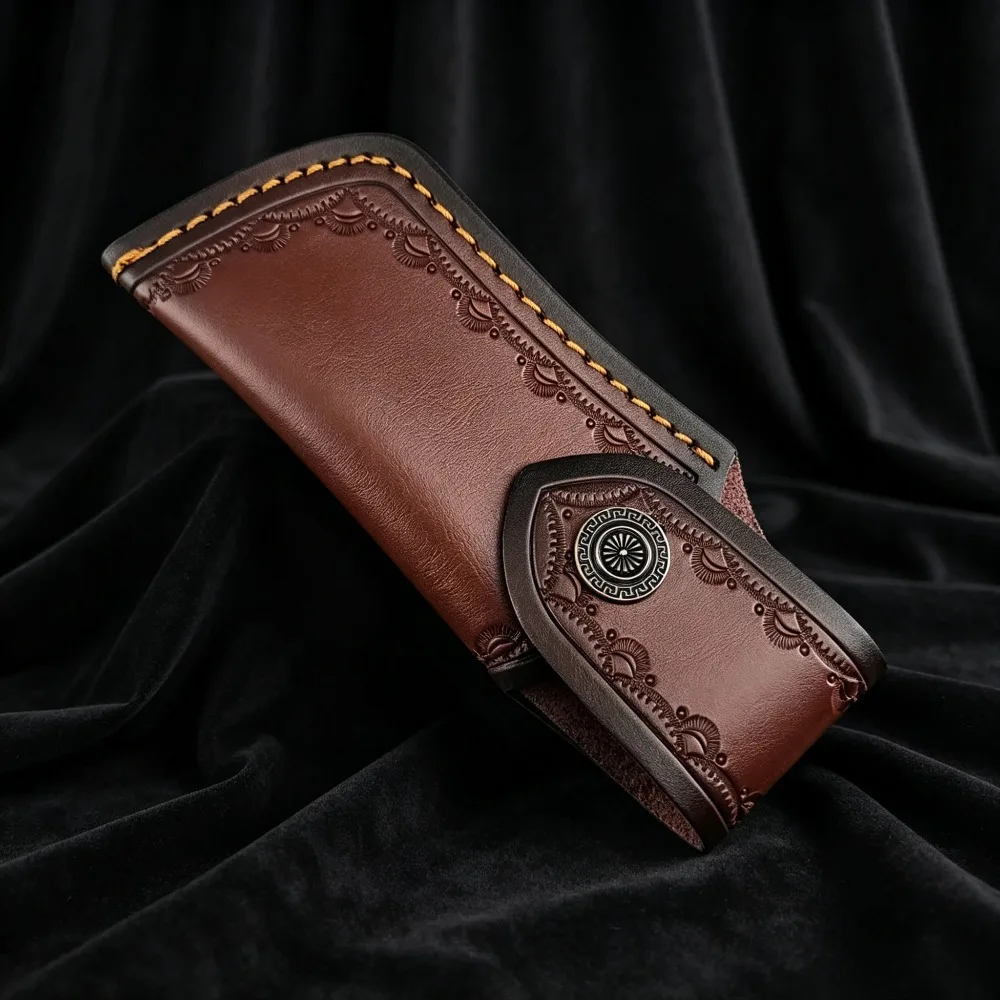 Portable Leather Knife Sheath Retro Embossed Pattern Cowhide Knife Cover for Pocket Folding Knives