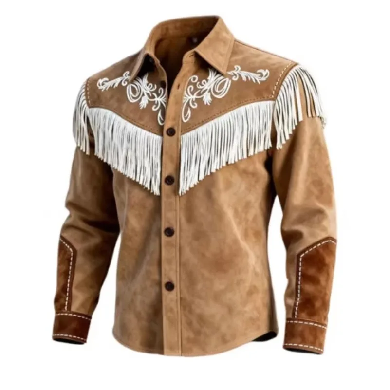 Cowboy Tee Shirts For Men Fashion Vintage Suede Fringe Jacket Long Sleeve Button Design Casual Party Wear Popular Tops For Man