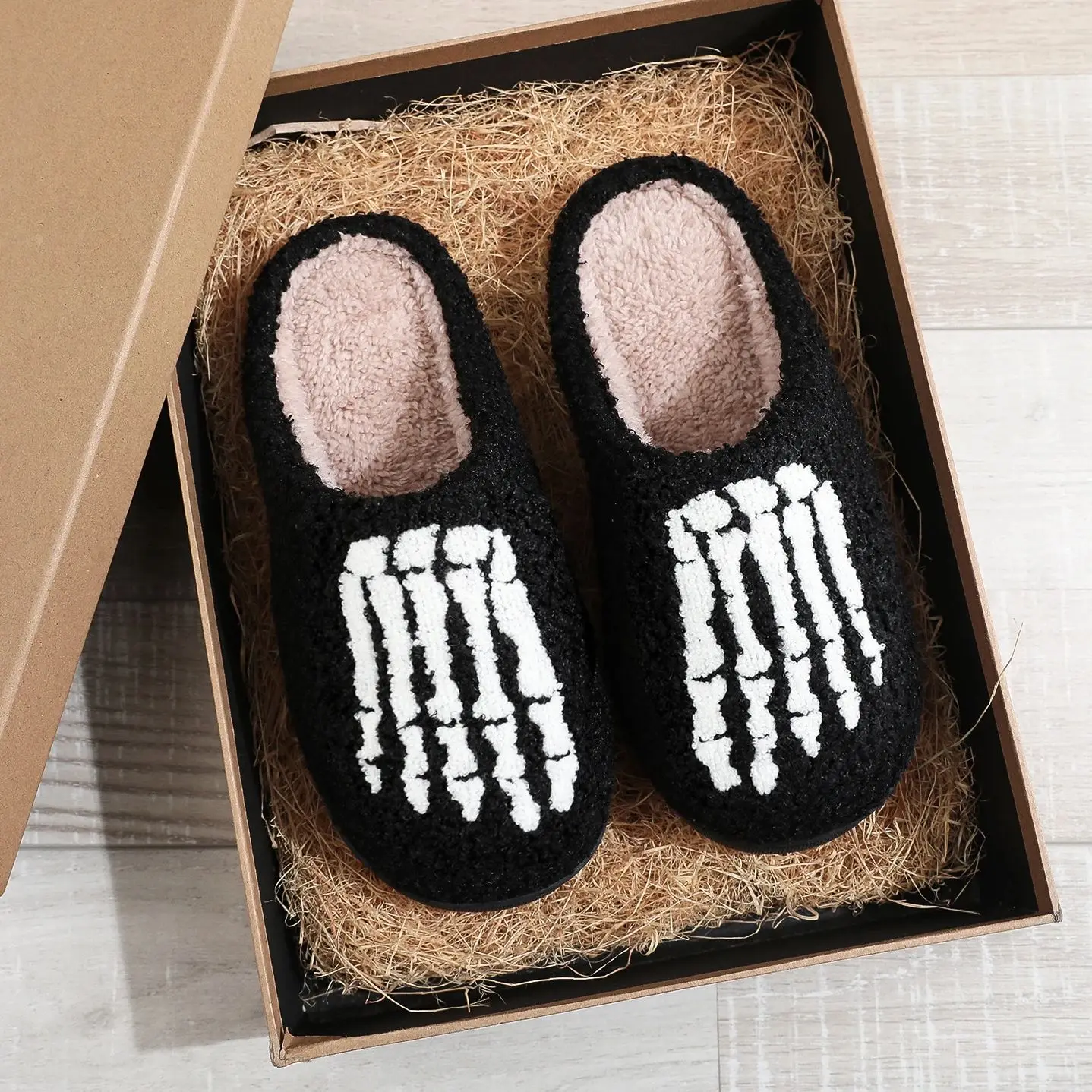 Skull Toe Pattern Personality Dark Style Embroidery stuffed Home Platform Cozy Fur Cotton Slippers Warm Non-slip Indoor Slippers Men Women Halloween Gift