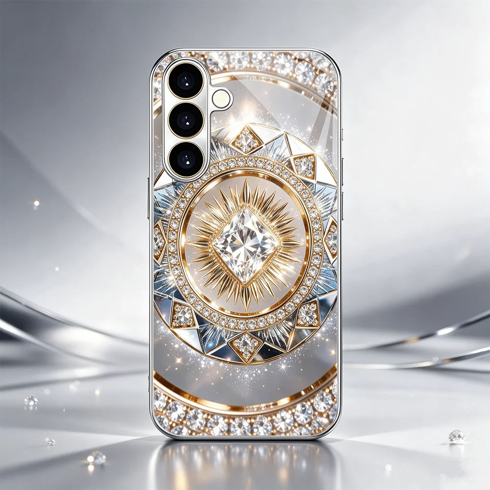 Silver diamond 2D pattern s26 ultra case Glass phone case for Samsung Galaxy S26 S25 S24 S23 S22 Ultra FE Plus Shockproof Cover