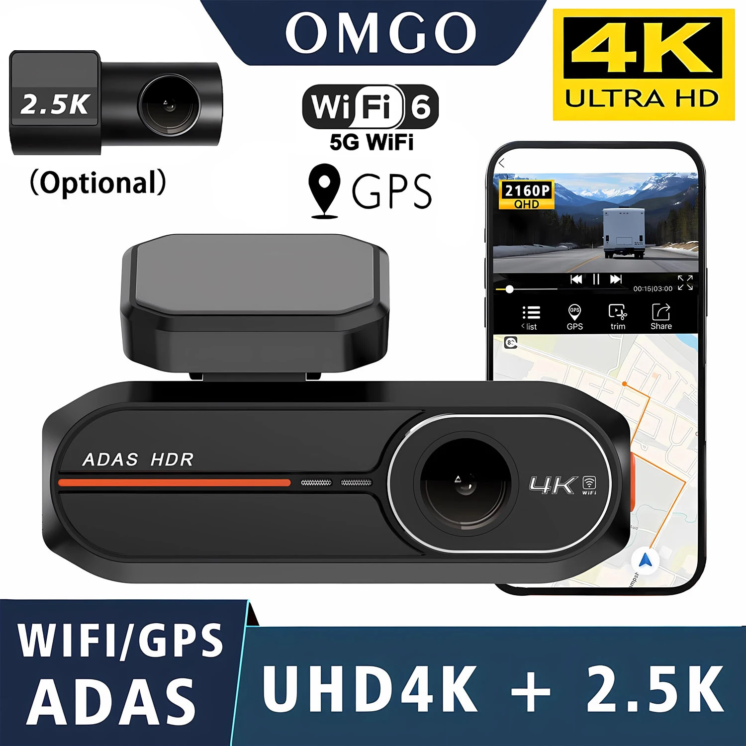 

ADAS 4K+2.5K Car Front Dash Cam Mini WIFI GPS DVR Black Box Room With 24H Parking Monitor Night Vision Rear View Camera Optio