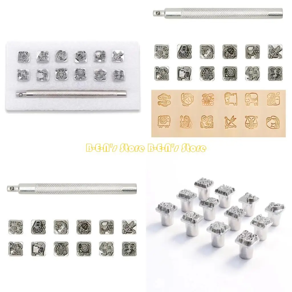 Y1AD 12 Pattern Leather Stamping Stable Zinc Alloy Leather Embossing Set For Handmade Wallets Belts And Jewelry
