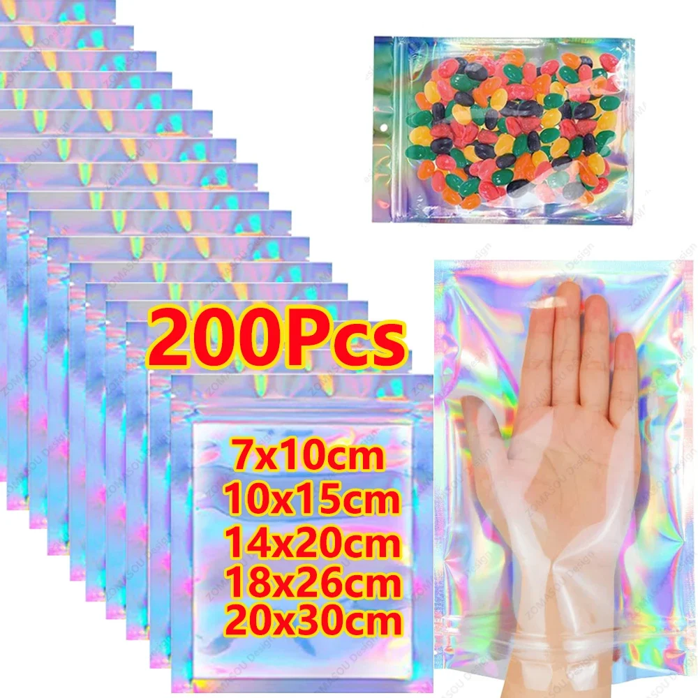 

200-1PCS Laser Sealing Bags Color Plastic Holographic Candy Food Pouch Resealable Necklace Jewelry Gift Packaging Storage Bag