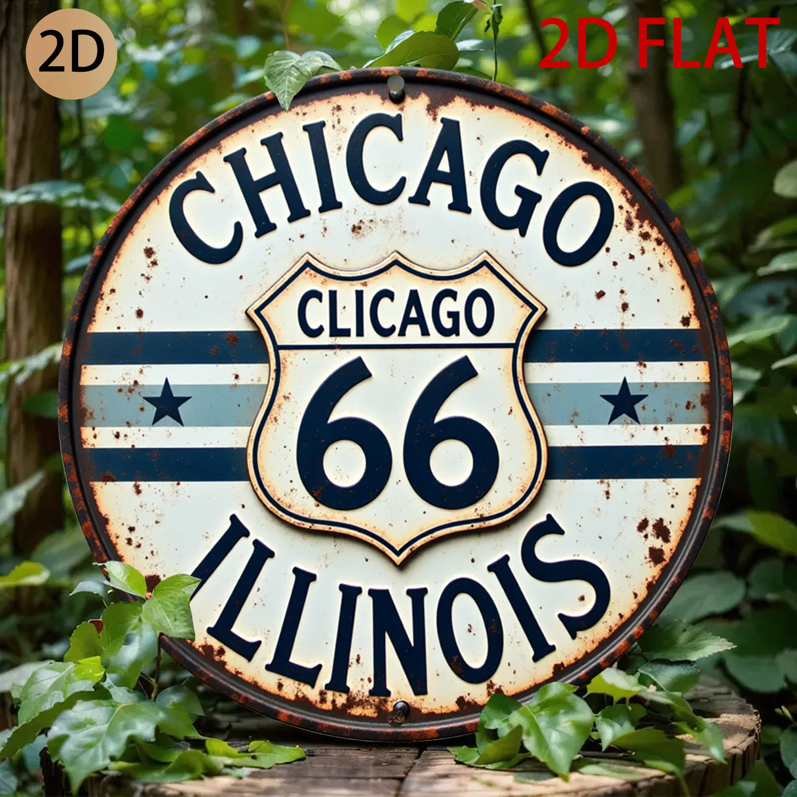 2D Flat, Vintage Route 66 Metal Wall Art - Rustic Tin Sign with 