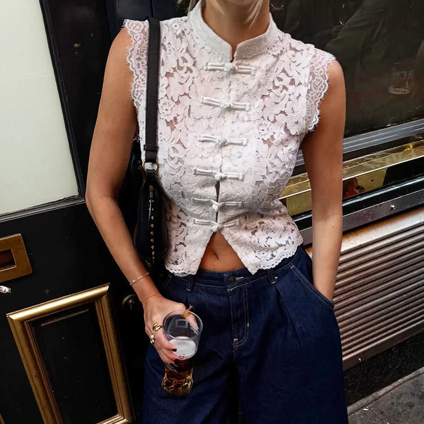 

Linad Chinese Style White Buttons Embroidery Woman Blouse Vintage Slim Stand Collar Shirts Casual Sleeveless Tops 2025 Autumn