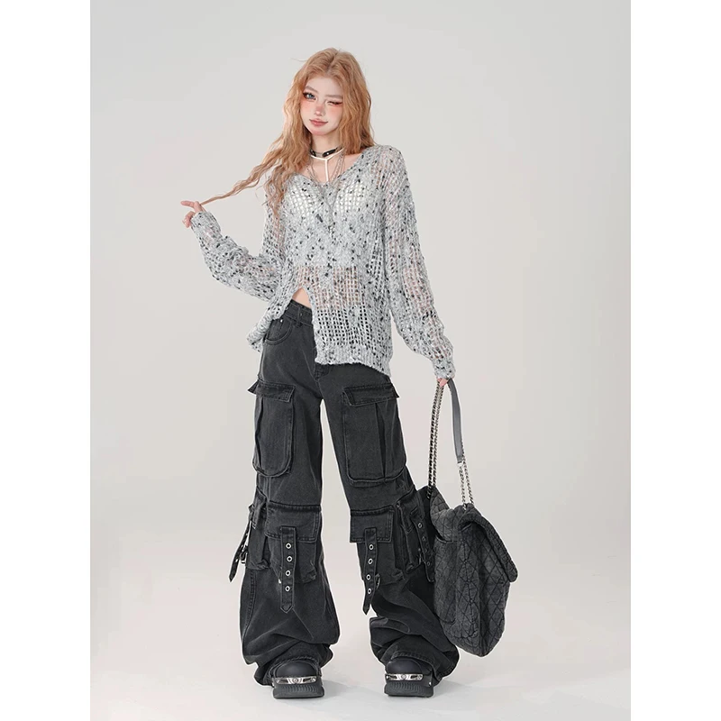 Women Y2k Japanese Streetwear Design Cargo Pants Denim Pants Long
