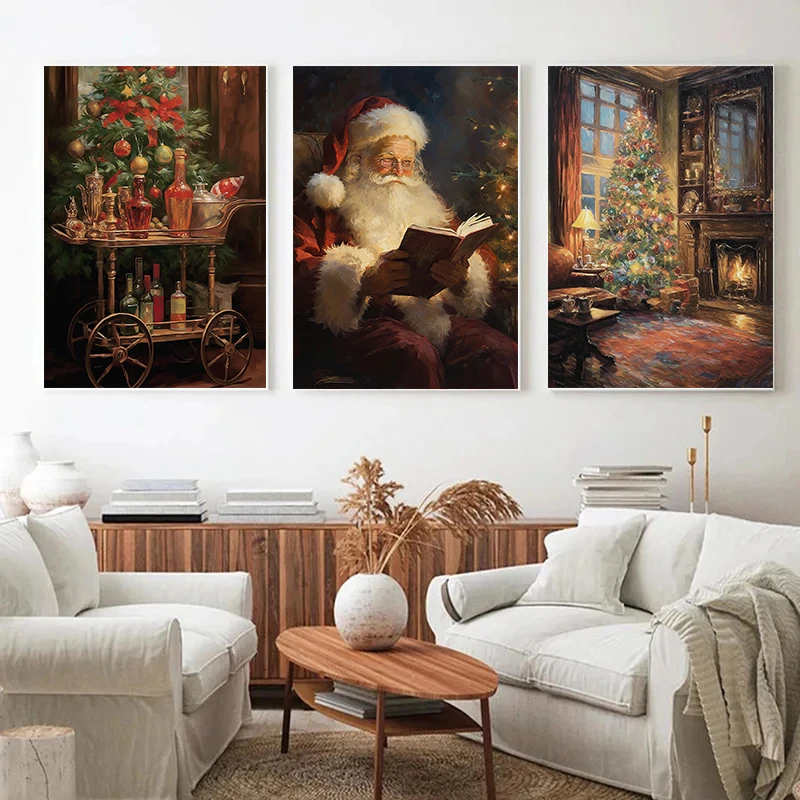 Vintage Rustic Santa Claus Portrait Cozy Christmas Tree Winter Landscape Poster Canvas Painting Wall Art Pictures Home Decor