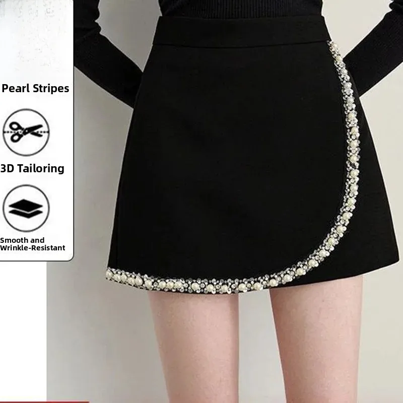 Black Short Halter Neck  Dress Women's Elegant Lady Splice Beads Design Skirt High Waist A-Line Silhouette Spring 2026