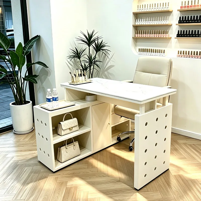 Luxury L Shape Nail Salon Tables White Drawers Storage Designer Manicure Nail Table Black Mesa Manicura Beauty Salon Furniture