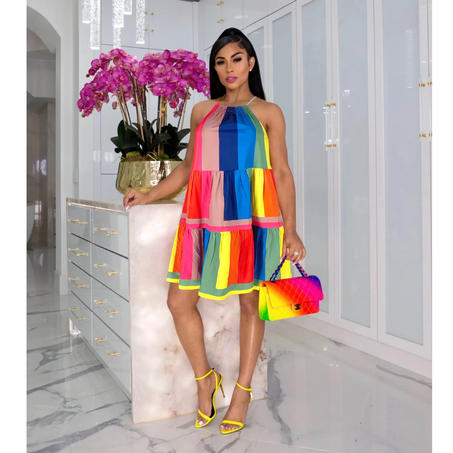 

Beach Style Dresses for Wome Rainbow Stripes Sleeveless Pleated Mini Dress Summer Casual Suspenders Loose Female Dress Vestidos