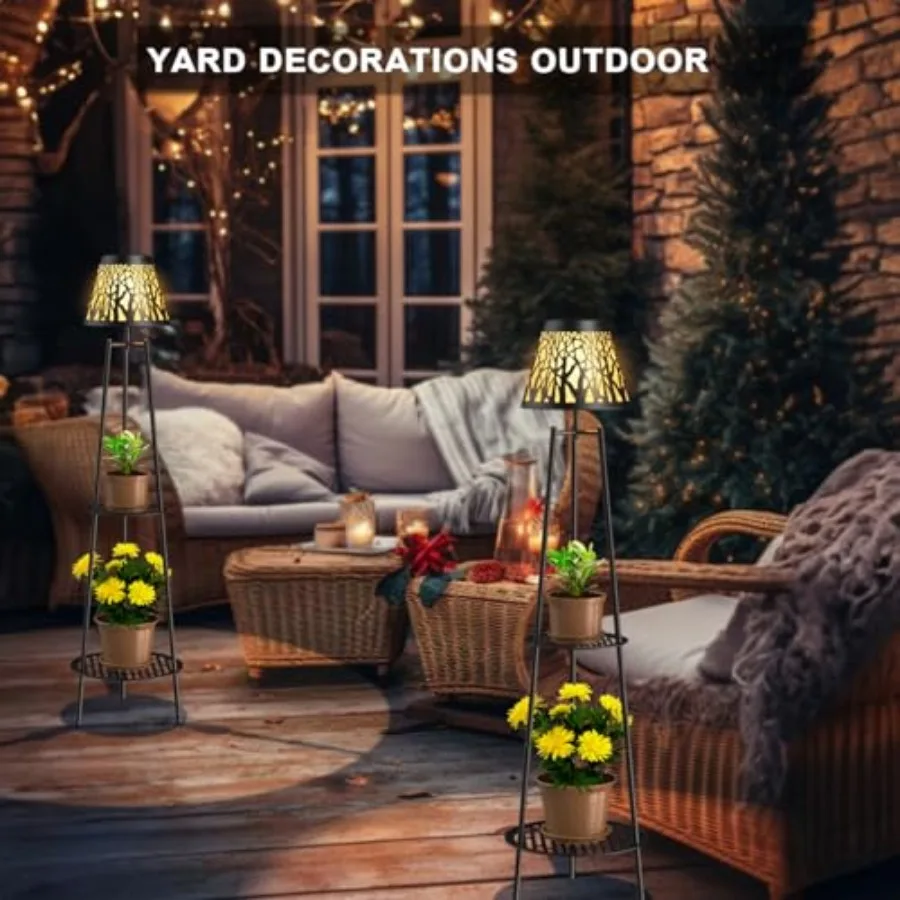 2 Pack Outdoor Solar Floor Lamp with Plant Stand Waterproof Metal Garden Lights with 2-Tier Shelves Decorative LED Cordless Pat view 6