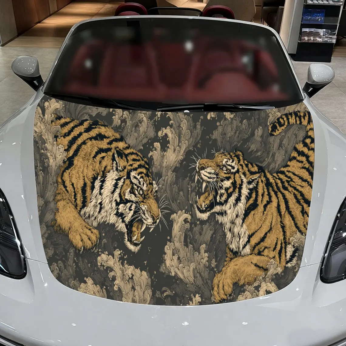 Car Decals A Tiger Pair Design with Textured Pattern Elements in a Neutral, Earth-Toned Textured Background with Artistic, Dynam