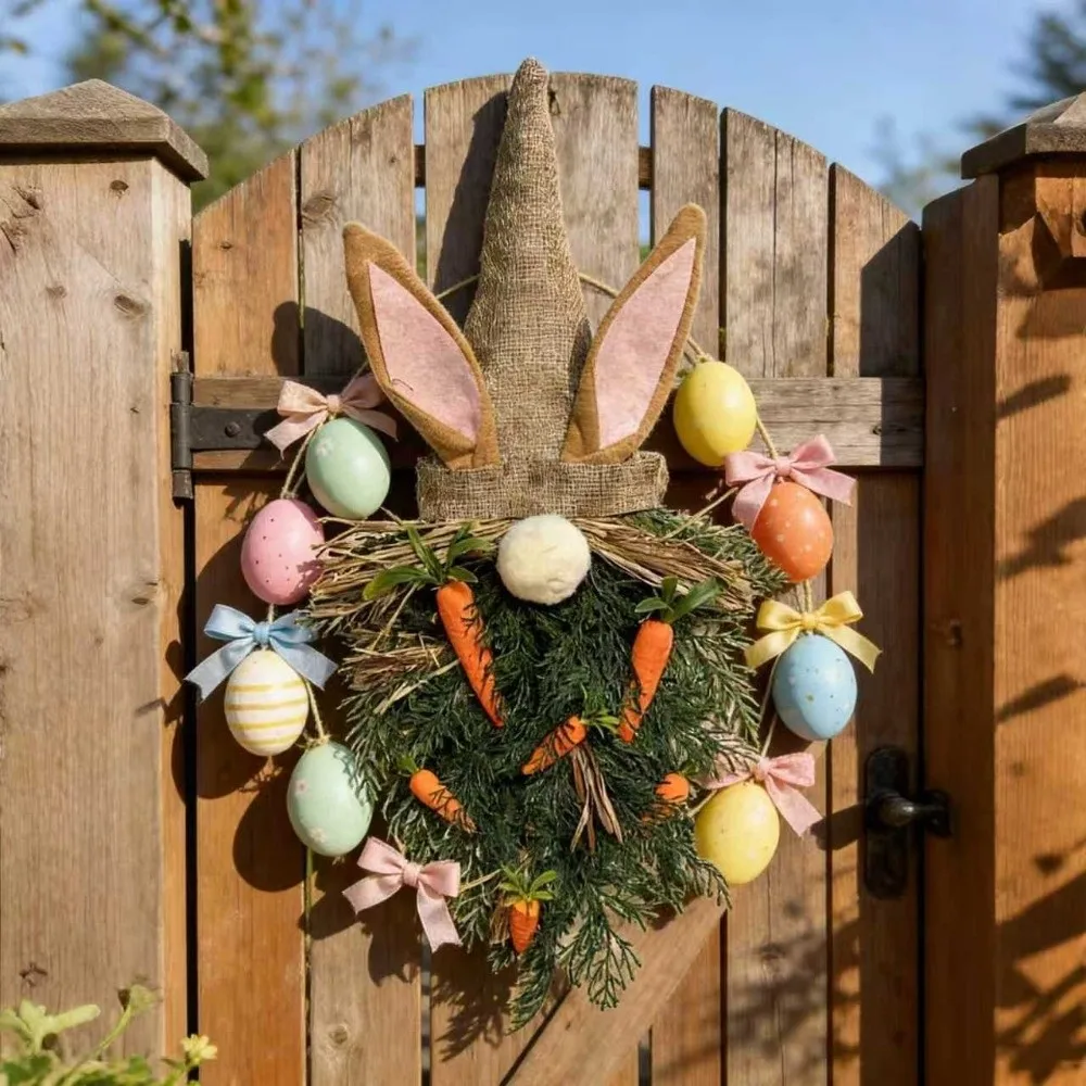 

Rustic Style Easter Gnome Pendant With Carrot Handmade Rabbit Ears Door Hanger Plastic Artificial Garland Home Decor