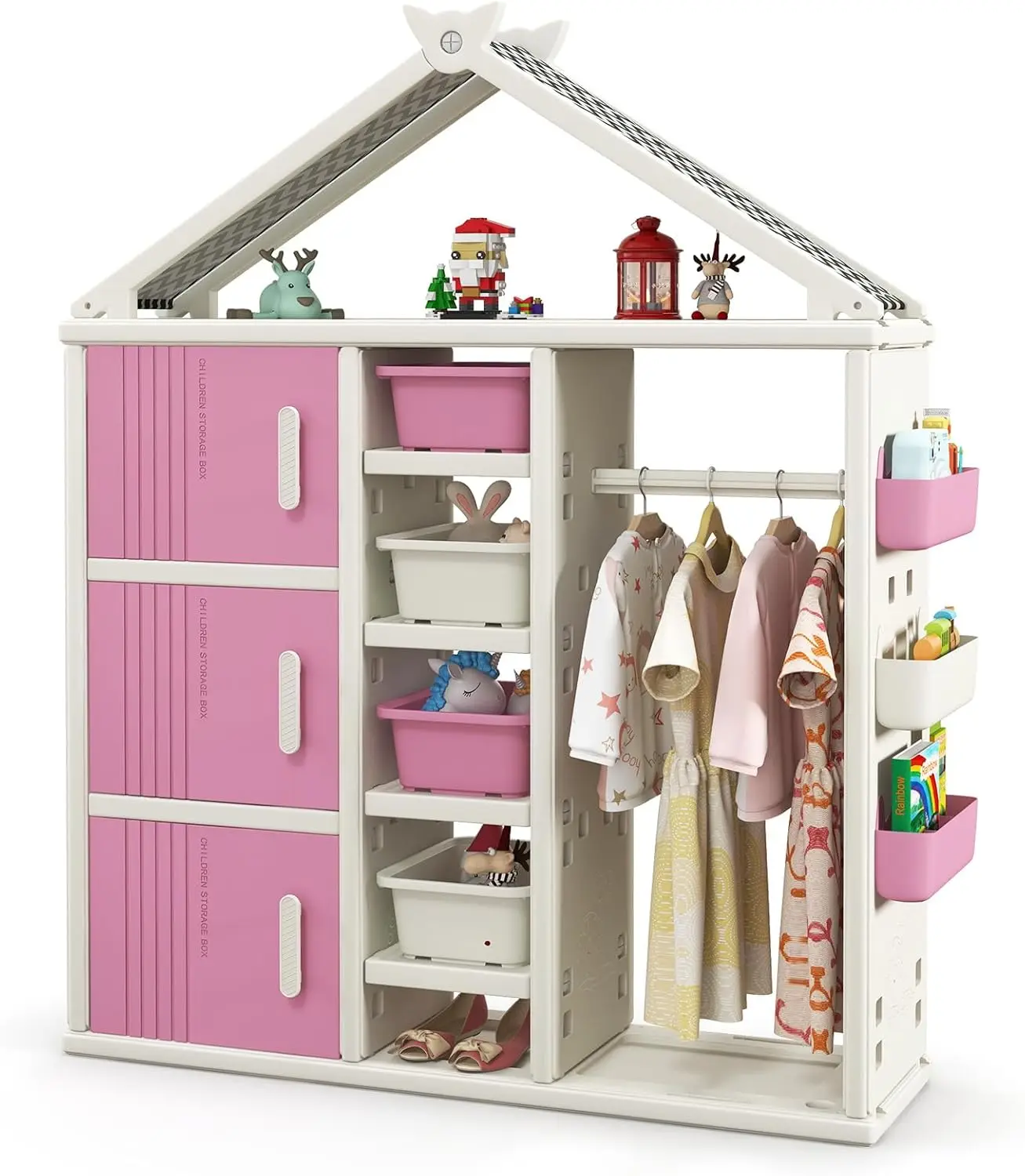 Kids Costume Storage Closet, Children Pretend Dresser Wardrobe, Open Hanging Armoire Closet with Storage Bins, Shelves