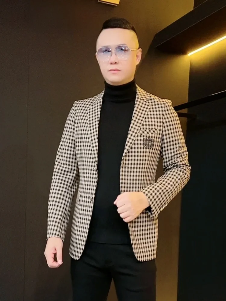 

Мужской костюм в клетку Busin Casual: комфортный, приталенный, осенне-весенний, новый, стильный, модный, с длинным рукавом, версия Stand Edition