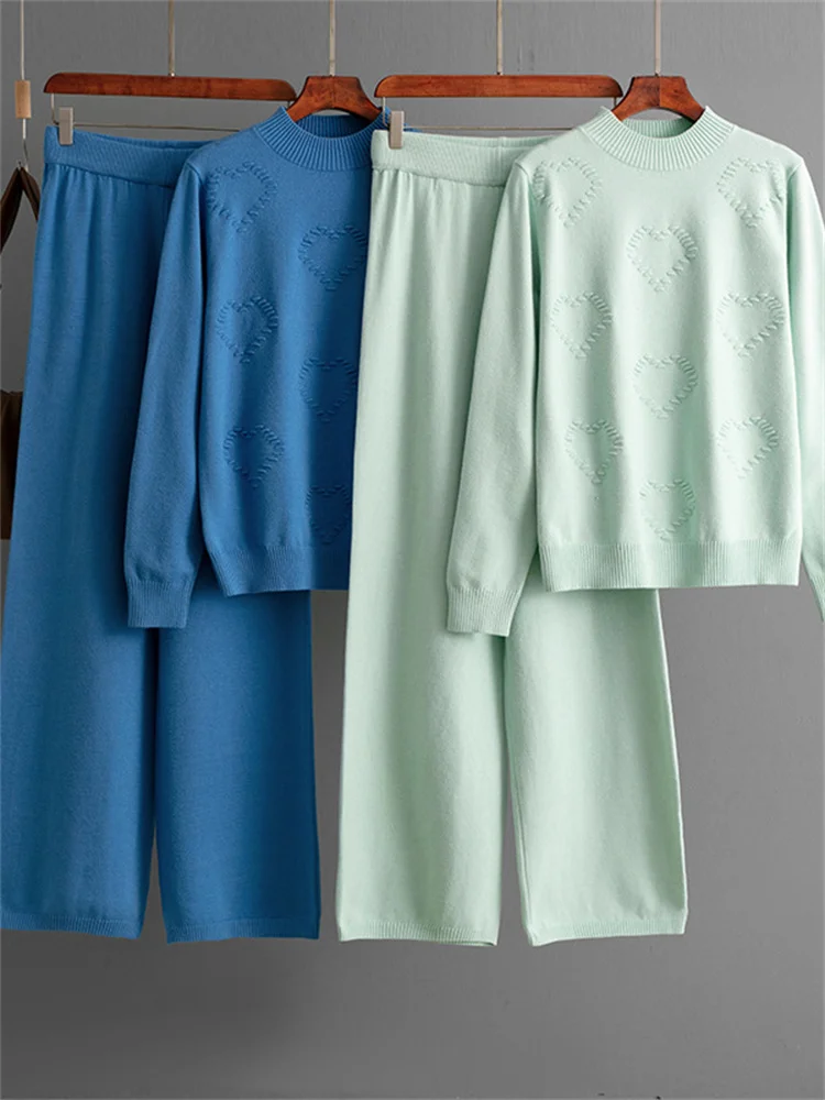 Half high neck sweater love fashion set women's solid color casual pants wide leg pants two-piece set