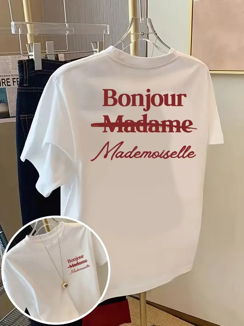 Camiseta Bonjour Madame Mademoiselle, estampado frontal y trasero, top informal de manga corta con cuello redondo, eslogan francés moderno, ropa diaria de verano