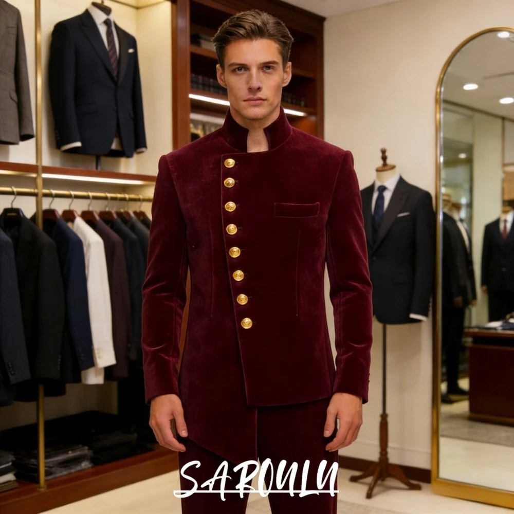 

Men's Wedding Groom Velvet Stand Collar Suit Gold Button Oblique Placket Handsome Blazer Pants Set For Engagement Dinner Party