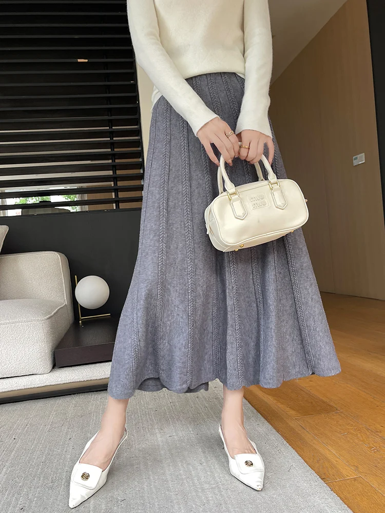 Knitted High-Waisted Half Length Skirt for Women Autumn/Winter Lady A-line Umbrella skirt Female Fashion Jacquard Pleated Skirt