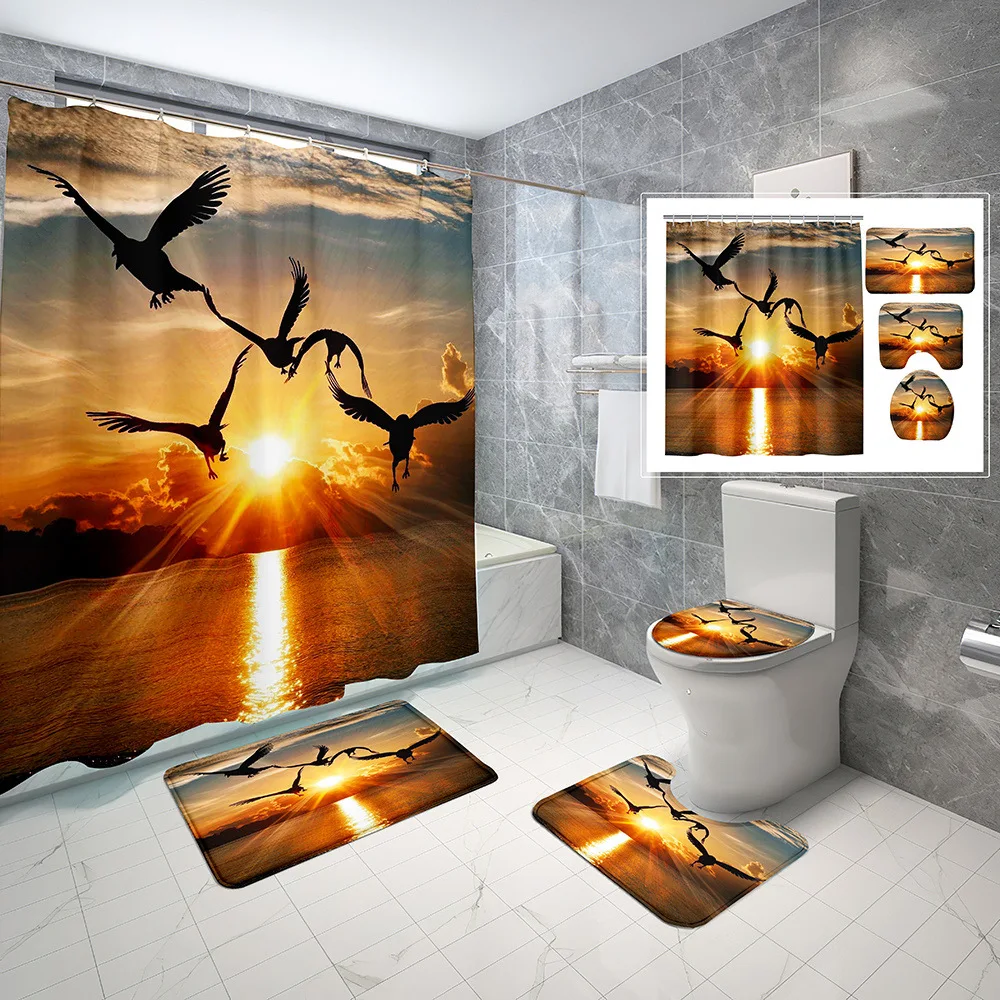 Sunset Seagull Scene Shower Curtain Set Non-Slip Rug Toilet Cover Bath Mat Waterproof Fabric Bathroom With Hooks Bath Curtains