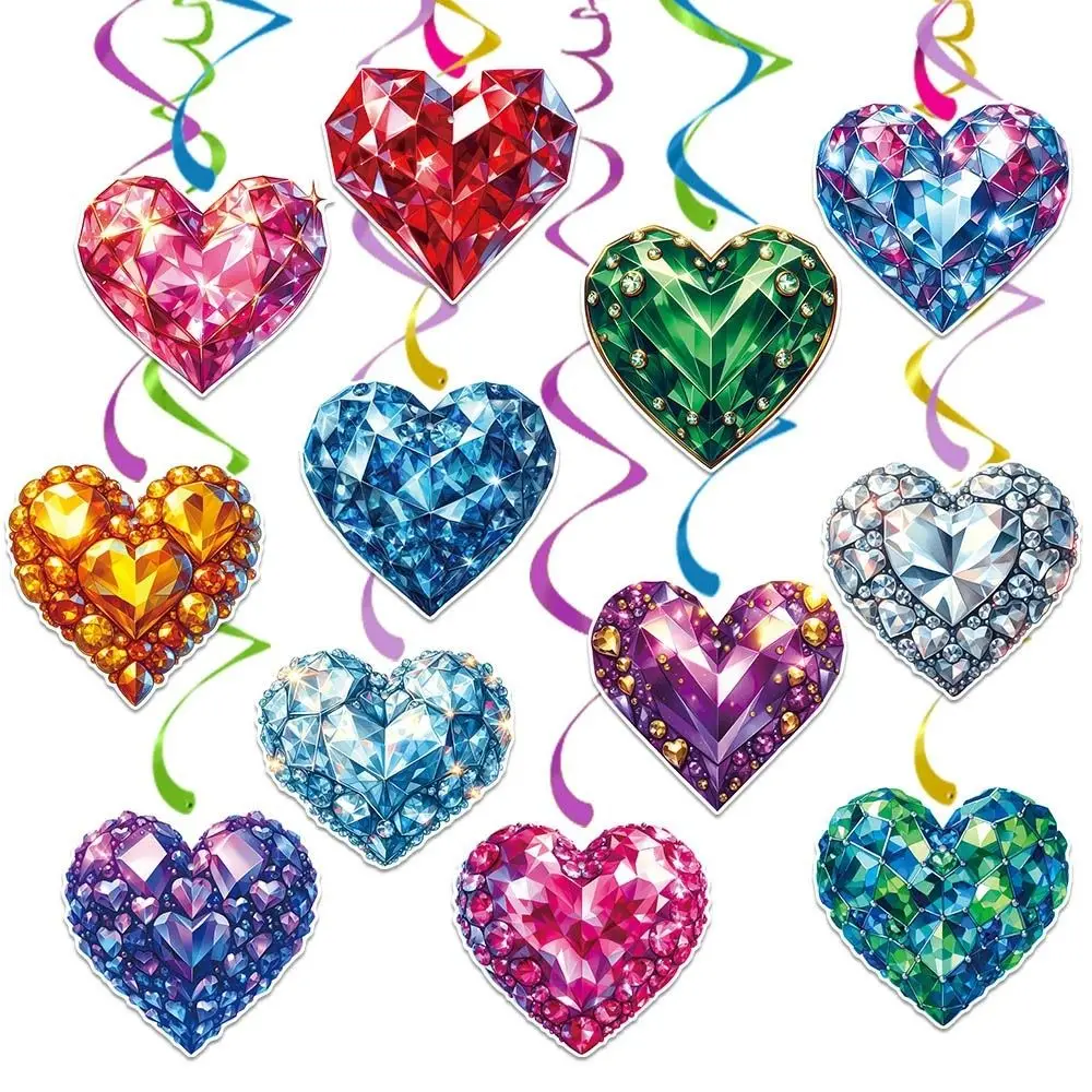 12pcs Colorful Valentine's Day Hearts Swirls Pendant Glitter Romantic Love Hanging Ornament Double-Sided Paper