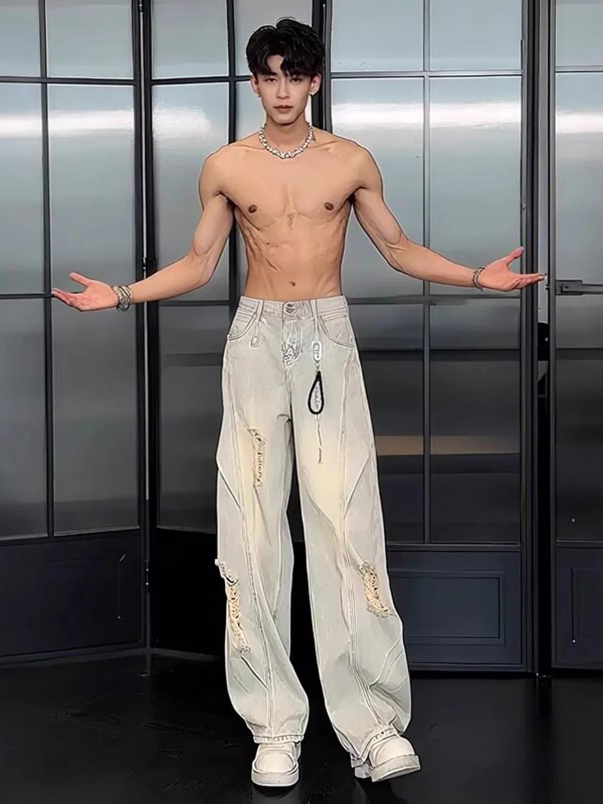 Distressed Wide Leg Jeans Men Women Slimming High Street Summer Casual Knife  Washed Denim Pants Straight Tube Loose Fit