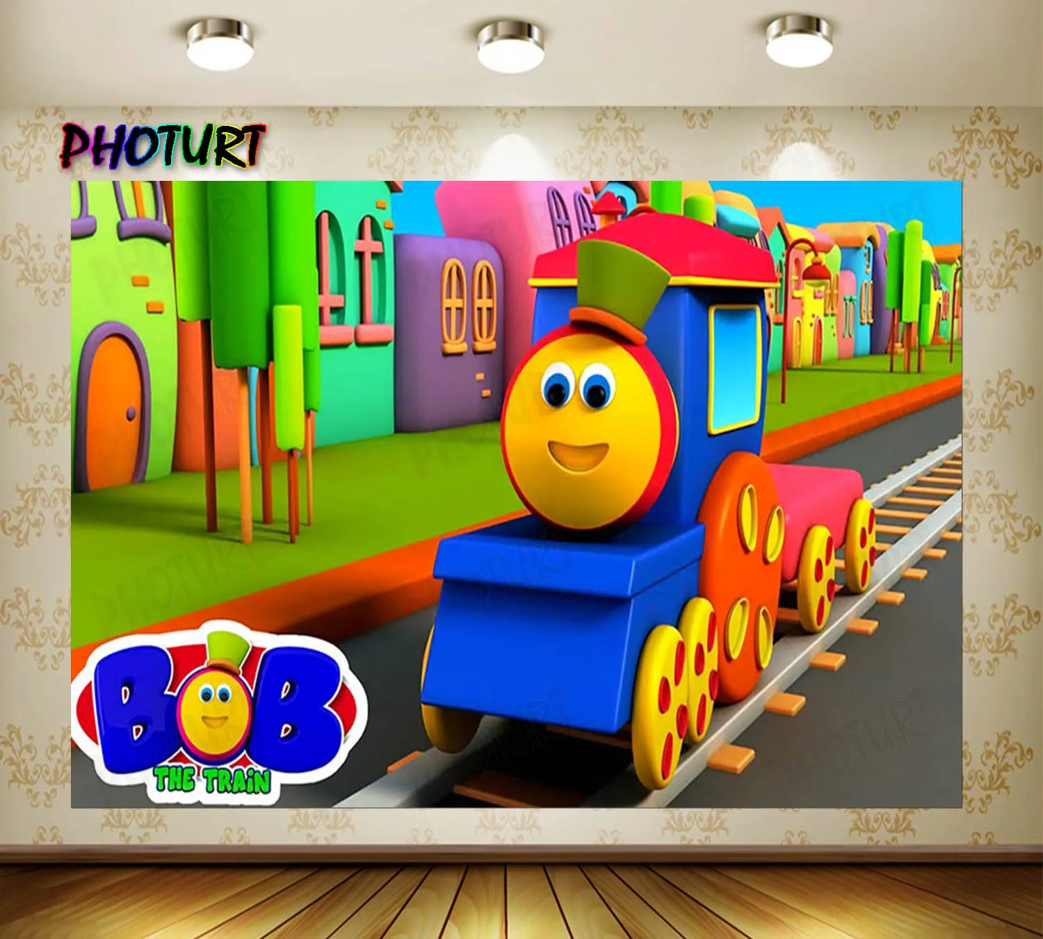 PHOTURT Cute Toy Train Backdrop Kids Birthday Party Background Colorful Doll Vinyl Polyester Photography Booth Props