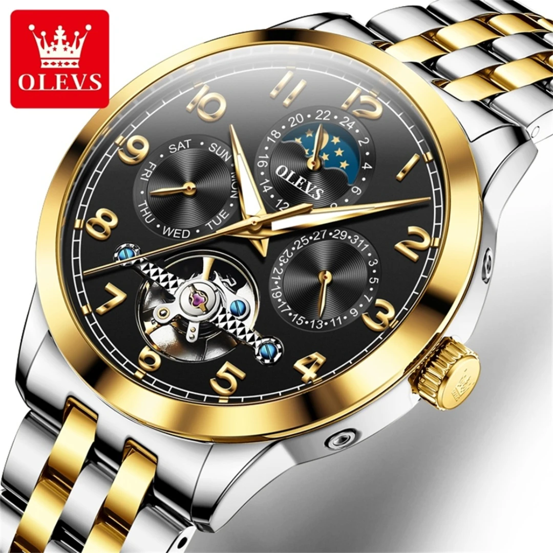 OLEVS 7018 Mechanical Fashion Watch Gift Round-dial Stainless Steel Watchband Wristwatch Week Display Calendar