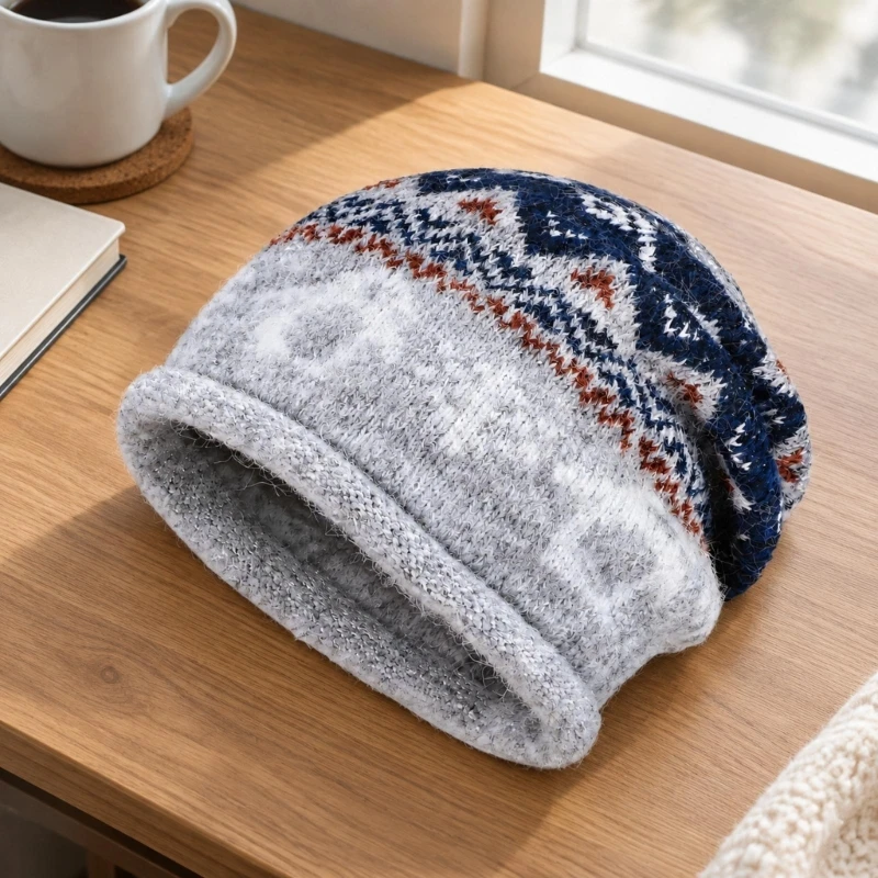 N58F Wool-Blend Ear Cover Hat with Relaxed Top, Folded and Nordic-Style Pattern for Fall and Winter Weather Wear
