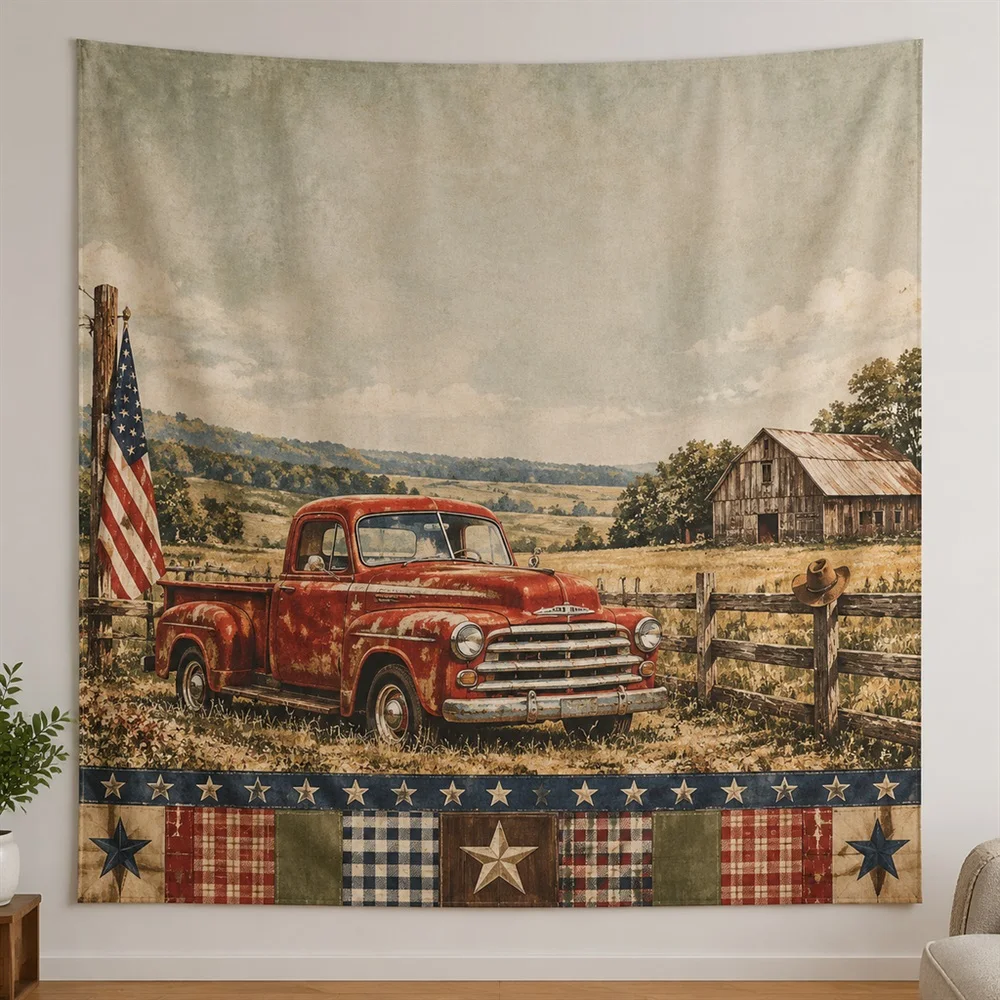 VIKAMA Vintage Pickup Truck Layered Bands Tapestry Wall Hanging, American Wall Decor Tapestries for Study Living Room Bedroom