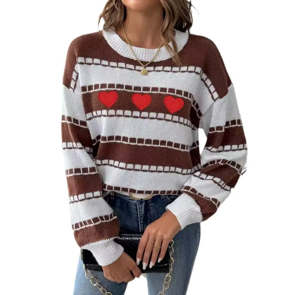 

Women's Contrast Color Stitching Stripe Embroidered Sweater European And American Style Base Shirt Fashion