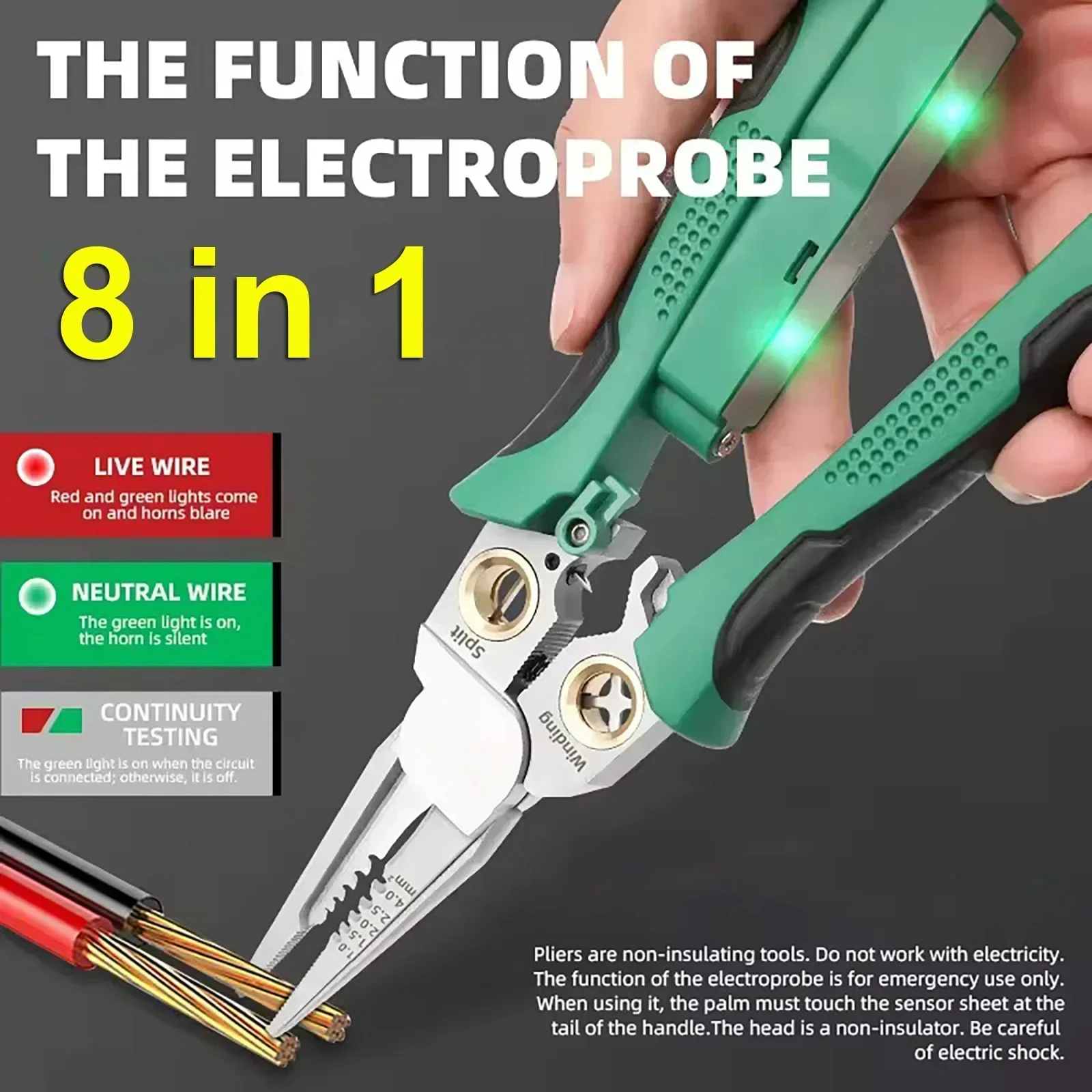 8 in 1 สแตนเลสสตีลปอกสายไฟคีมจมูกเข็ม Non-SLIP Multi-Function Wire Stripper ไฟฟ้าเครื่องทดสอบฟังก์ชั่น